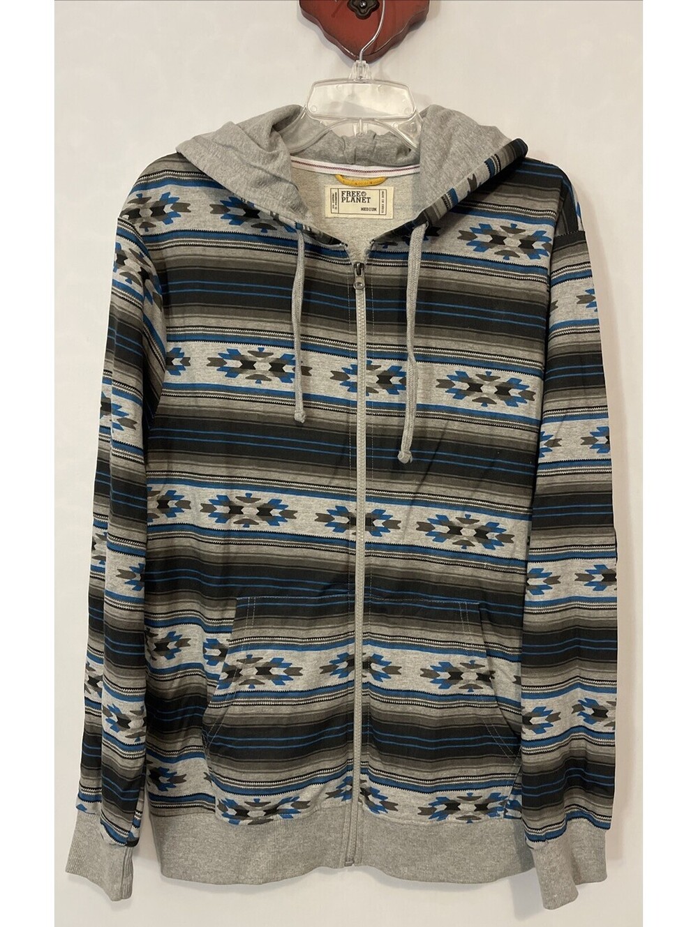Free Planet Medium Gray Aztec Print Zip-Up Cotton-Blend Hooded Sweater! A2727